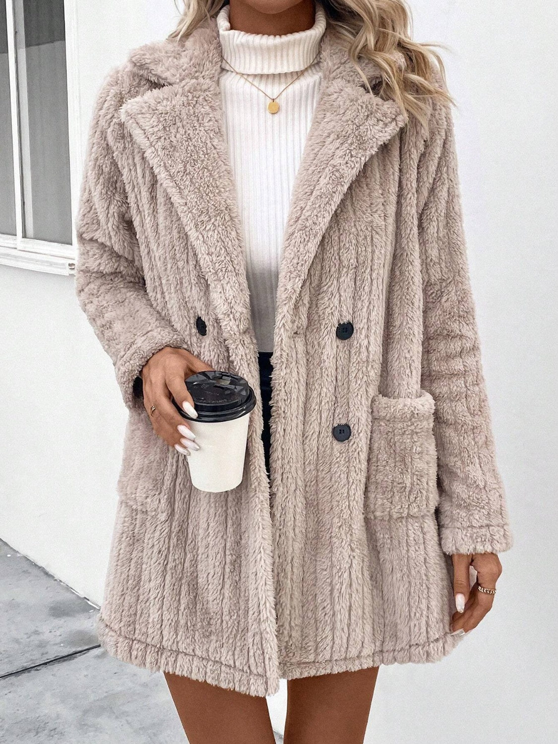 Beige Fuzzy Long Sleeve Coat