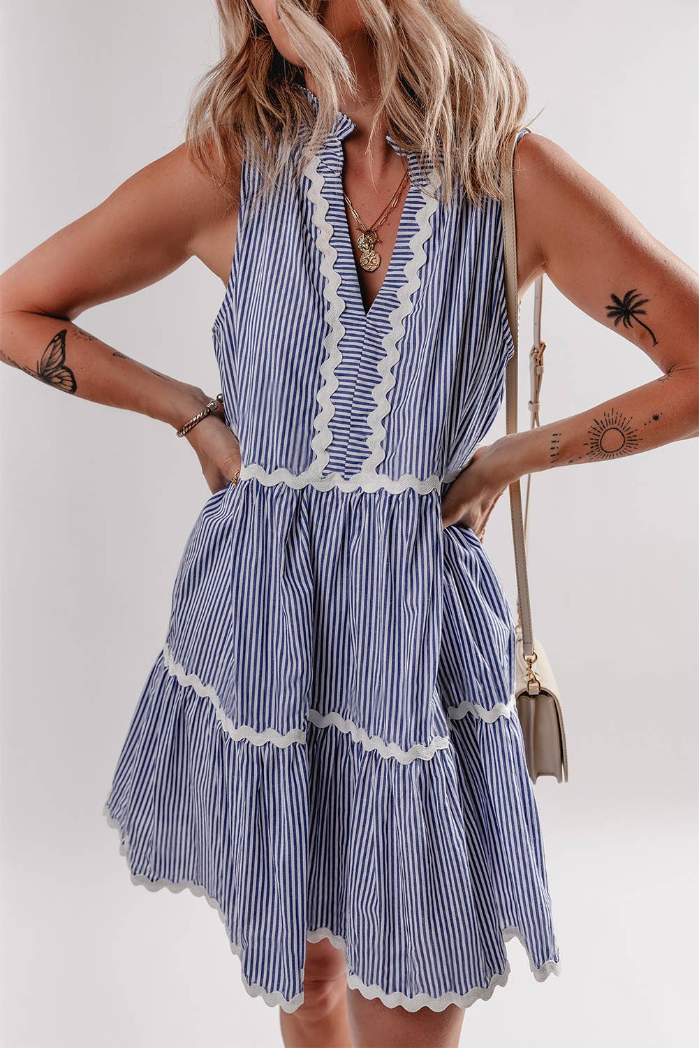 Blue Striped Trim Sleeveless Dress