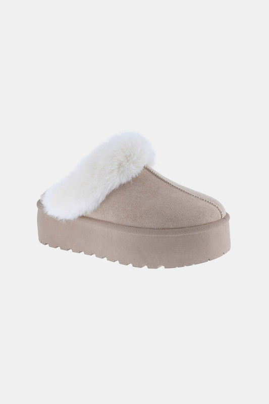 Beige Platform Fur Slippers