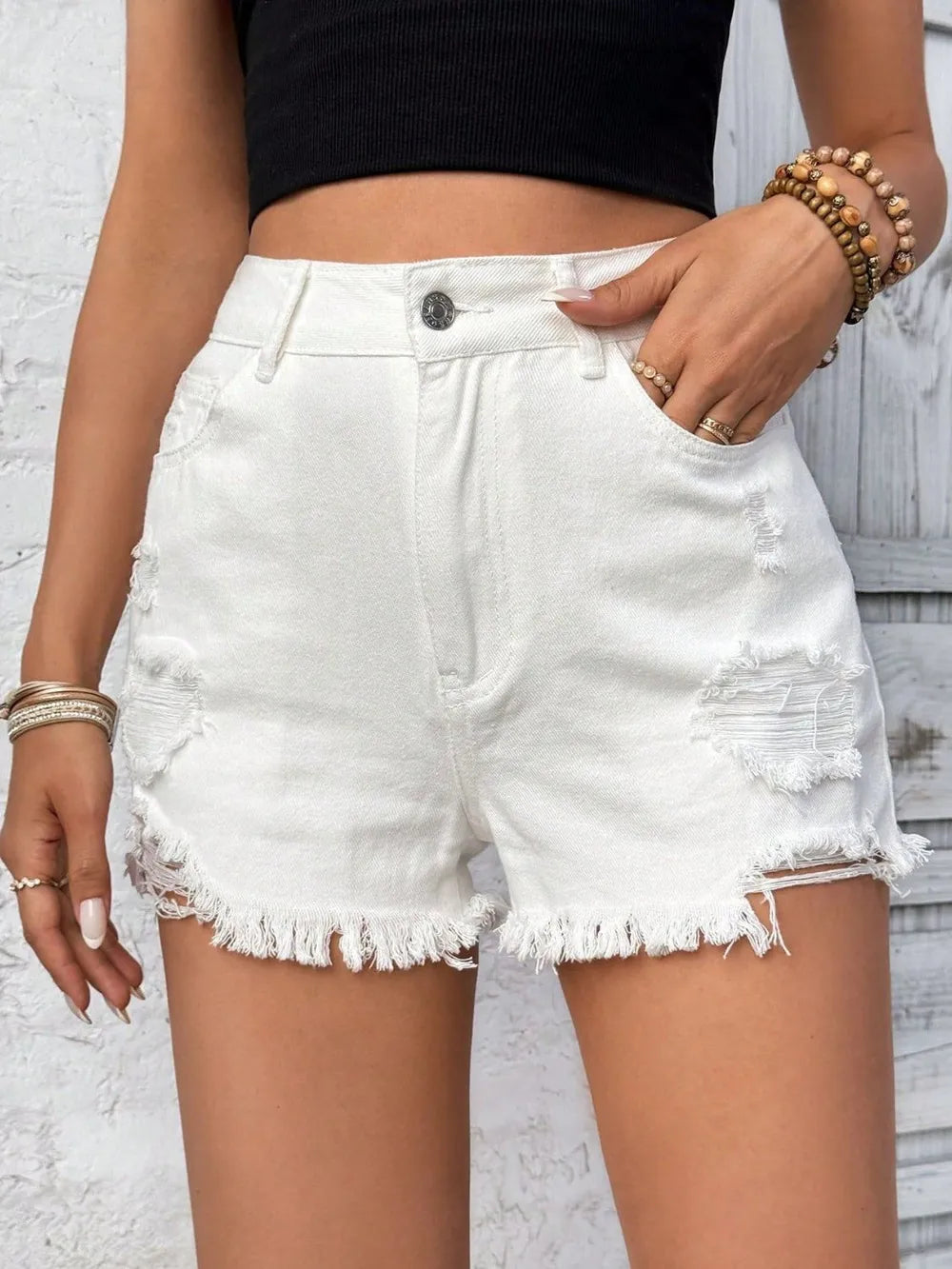 White Distressed High Rise Denim Shorts