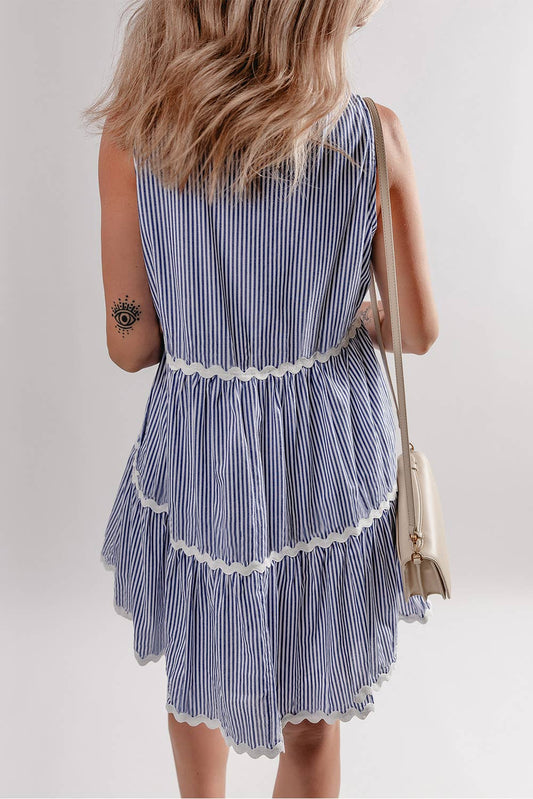 Blue Striped Trim Sleeveless Dress