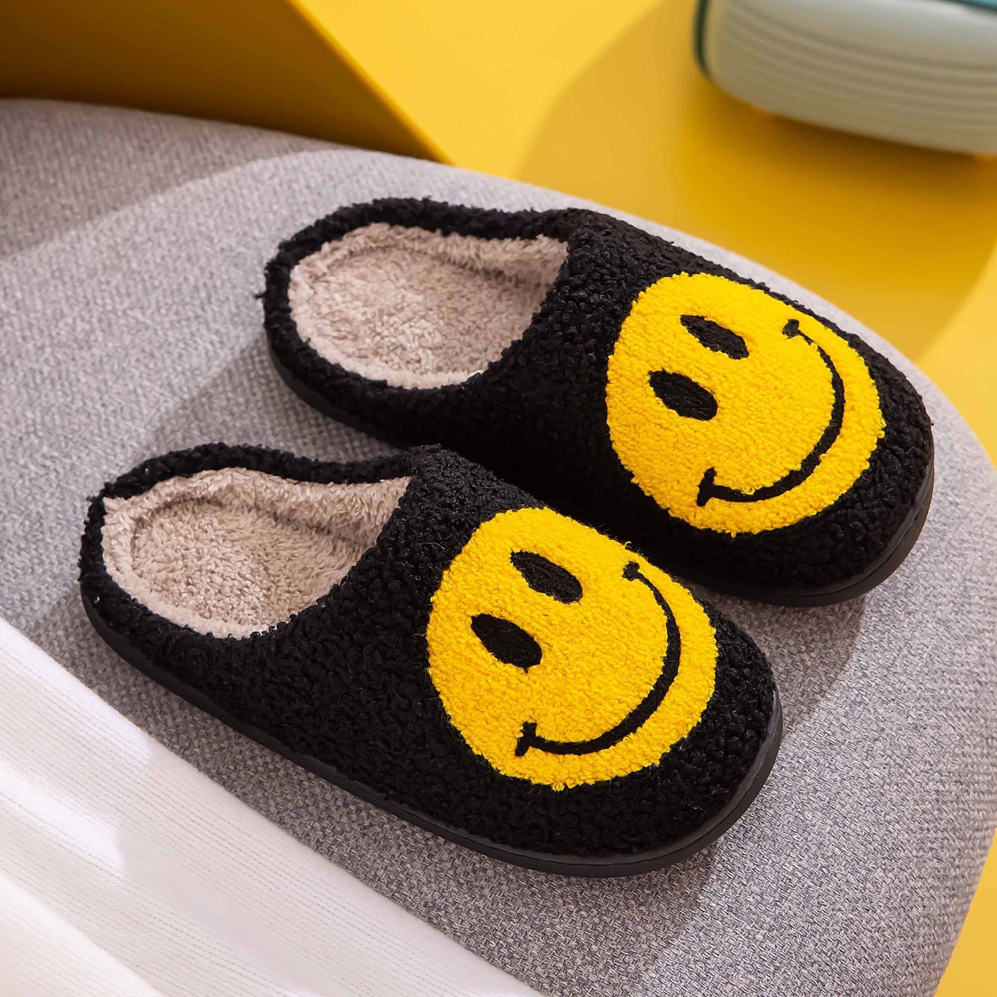 Black & Yellow Smiley Face Slippers