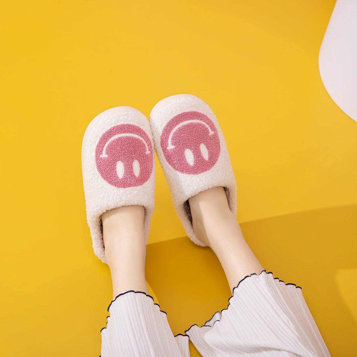 White & Pink Smiley Face Slippers