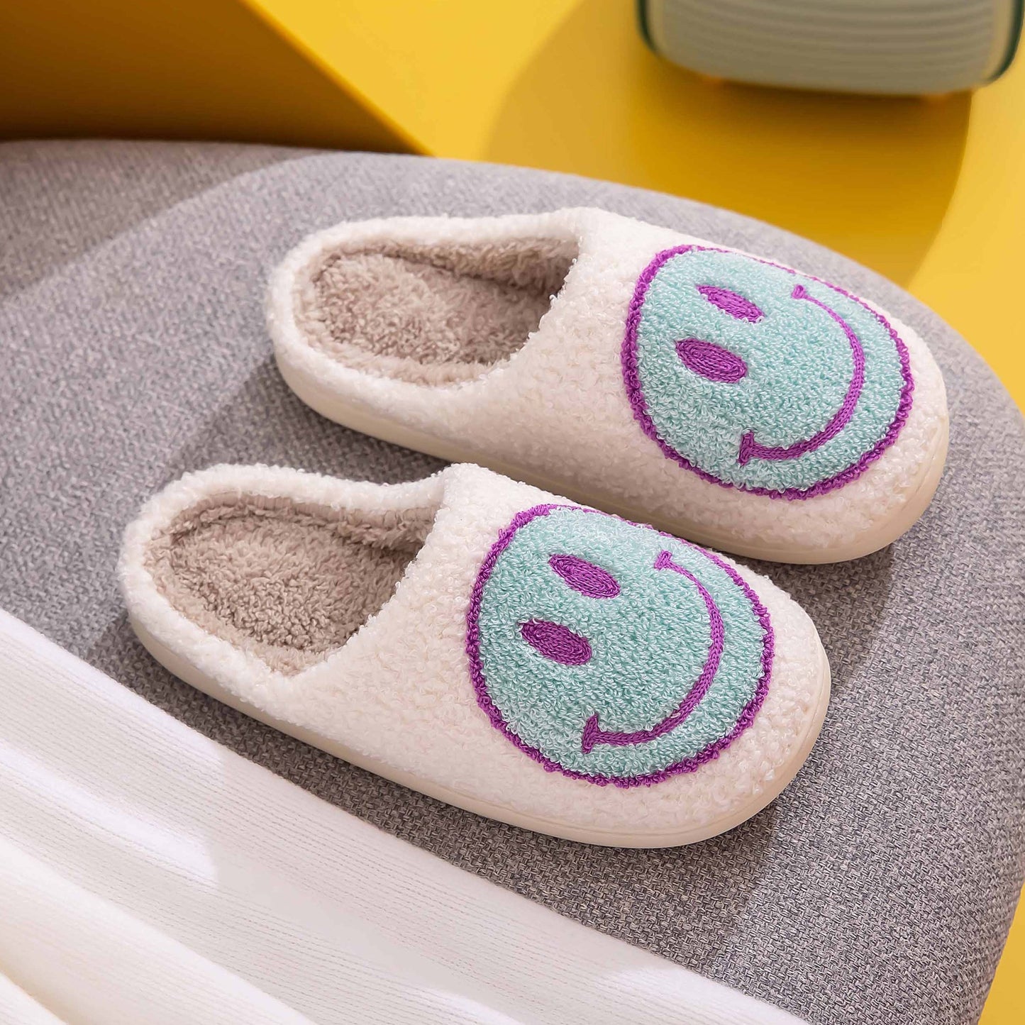 White & Blue Smiley Face Slippers