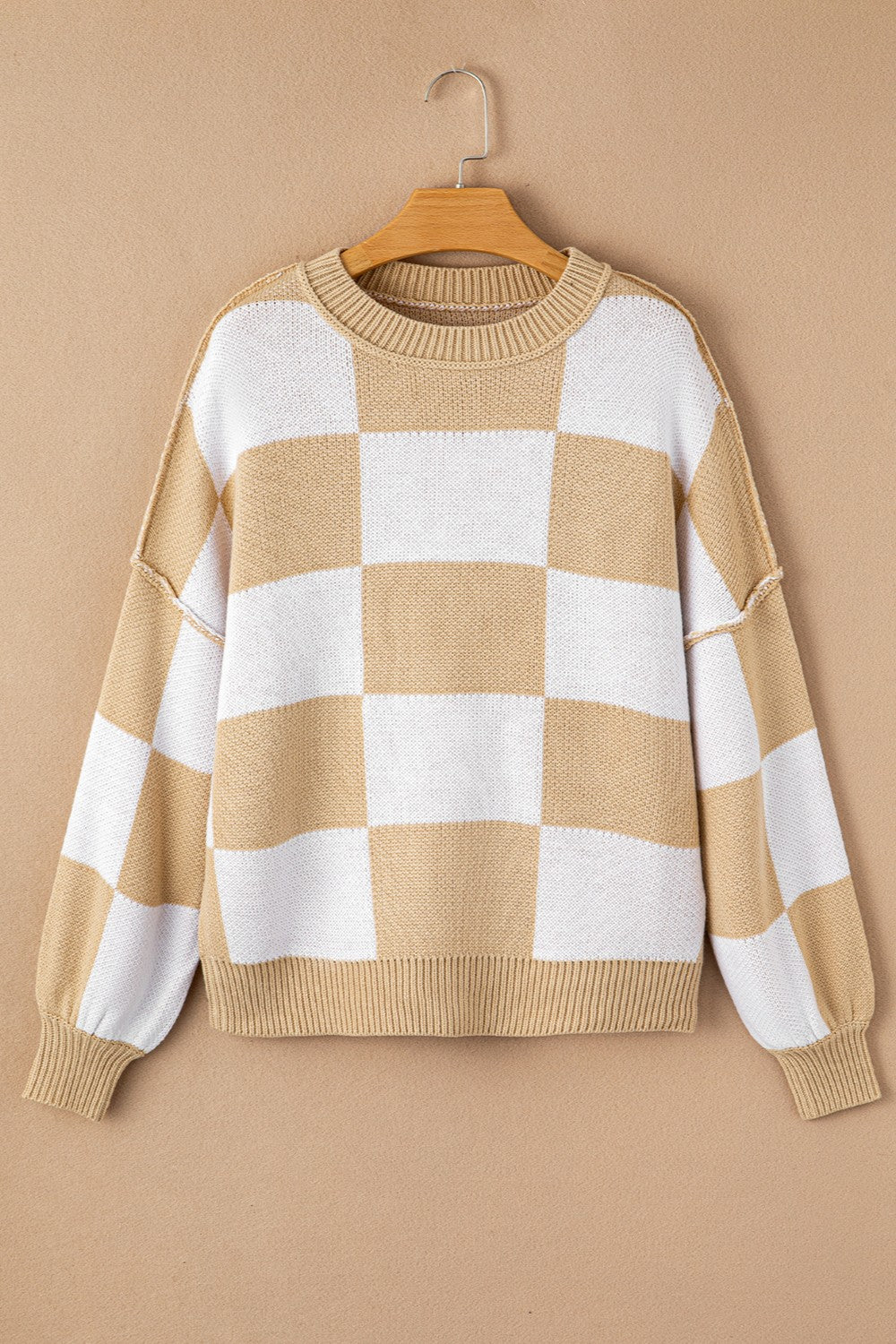 Exposed Seam Checkered Sweater