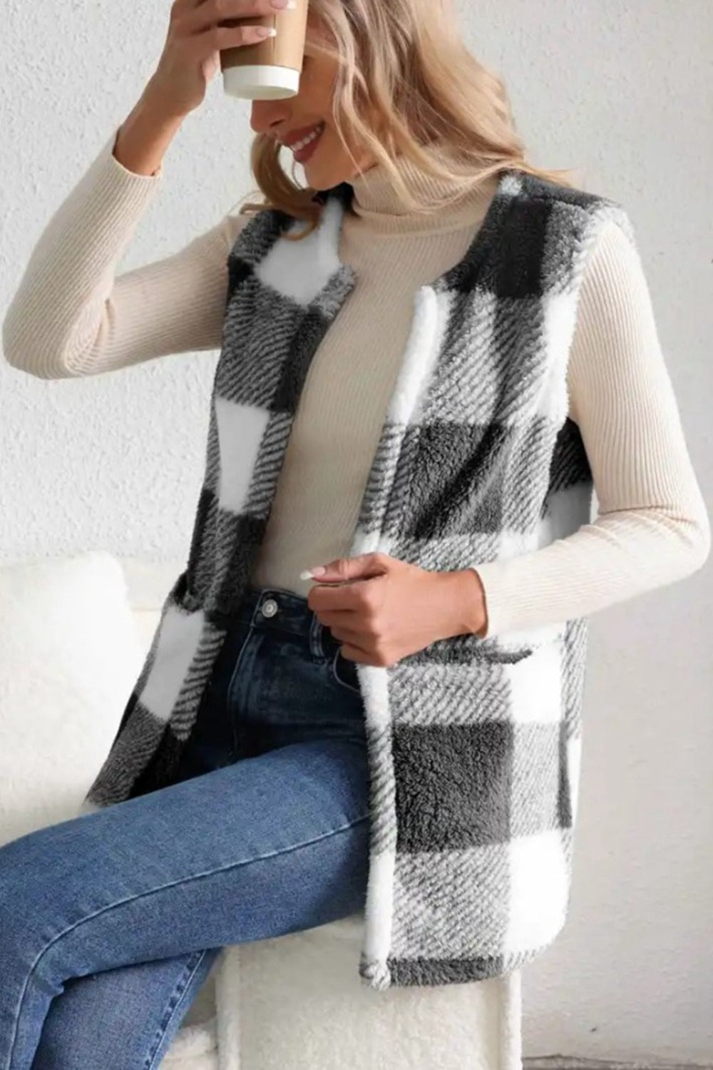 Sherpa Plaid Vest Coat