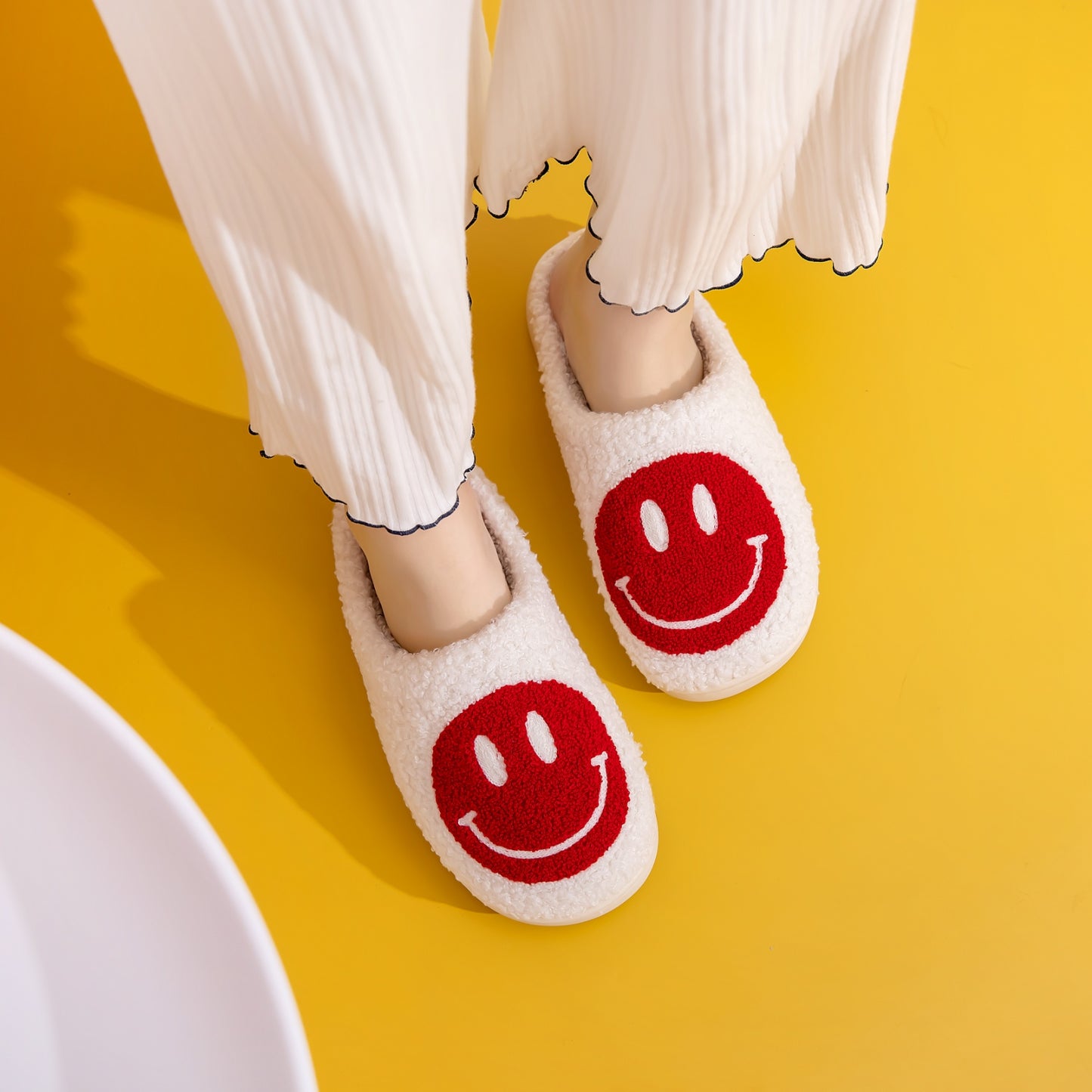 White & Red Smiley Face Slippers