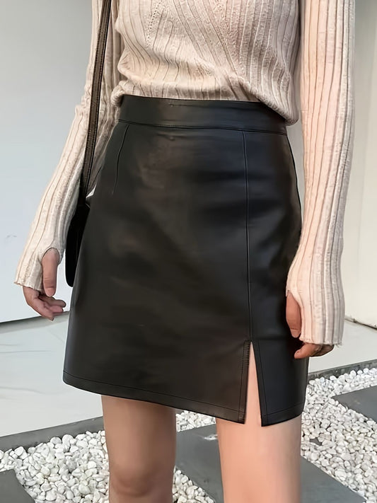 Black Leather Slit Mini Skirt