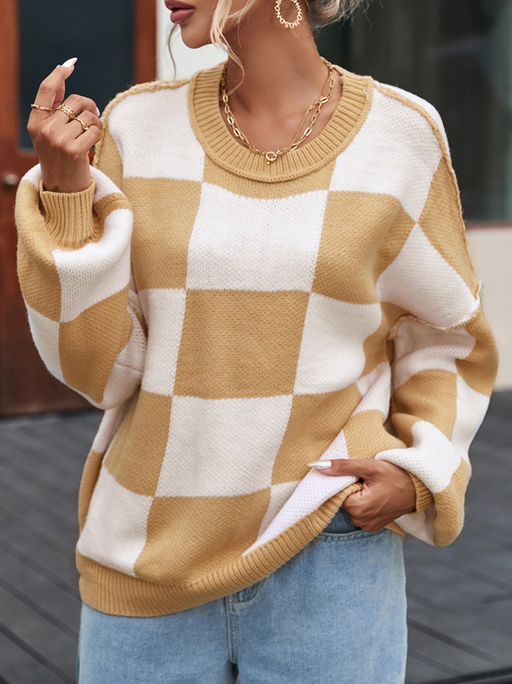 Exposed Seam Checkered Sweater