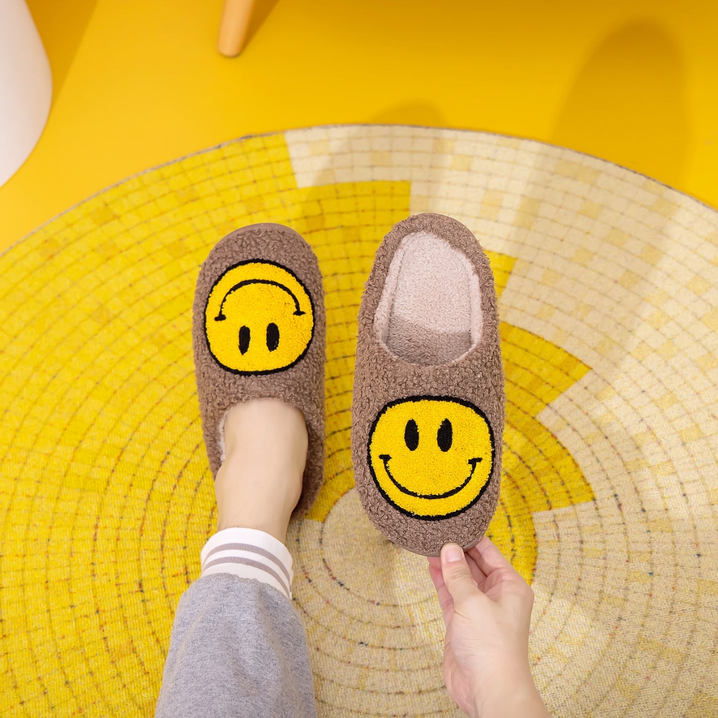 Brown & Yellow Smiley Face Slippers