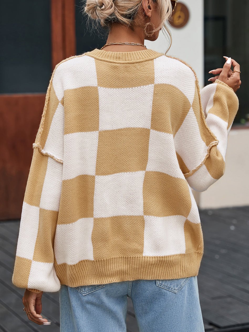 Exposed Seam Checkered Sweater