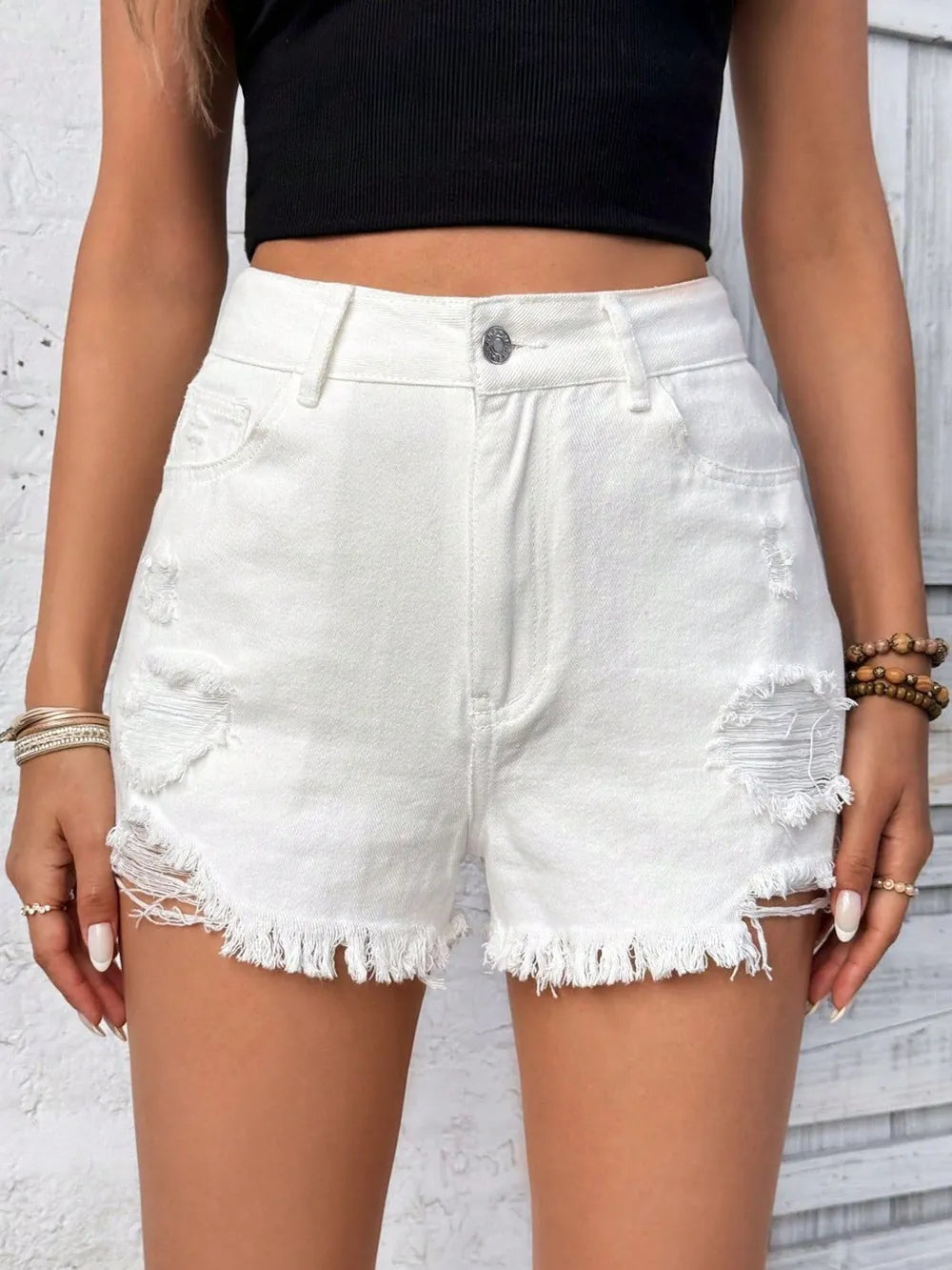 White Distressed High Rise Denim Shorts