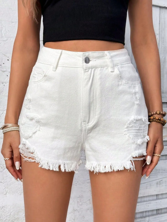 White Distressed High Rise Denim Shorts