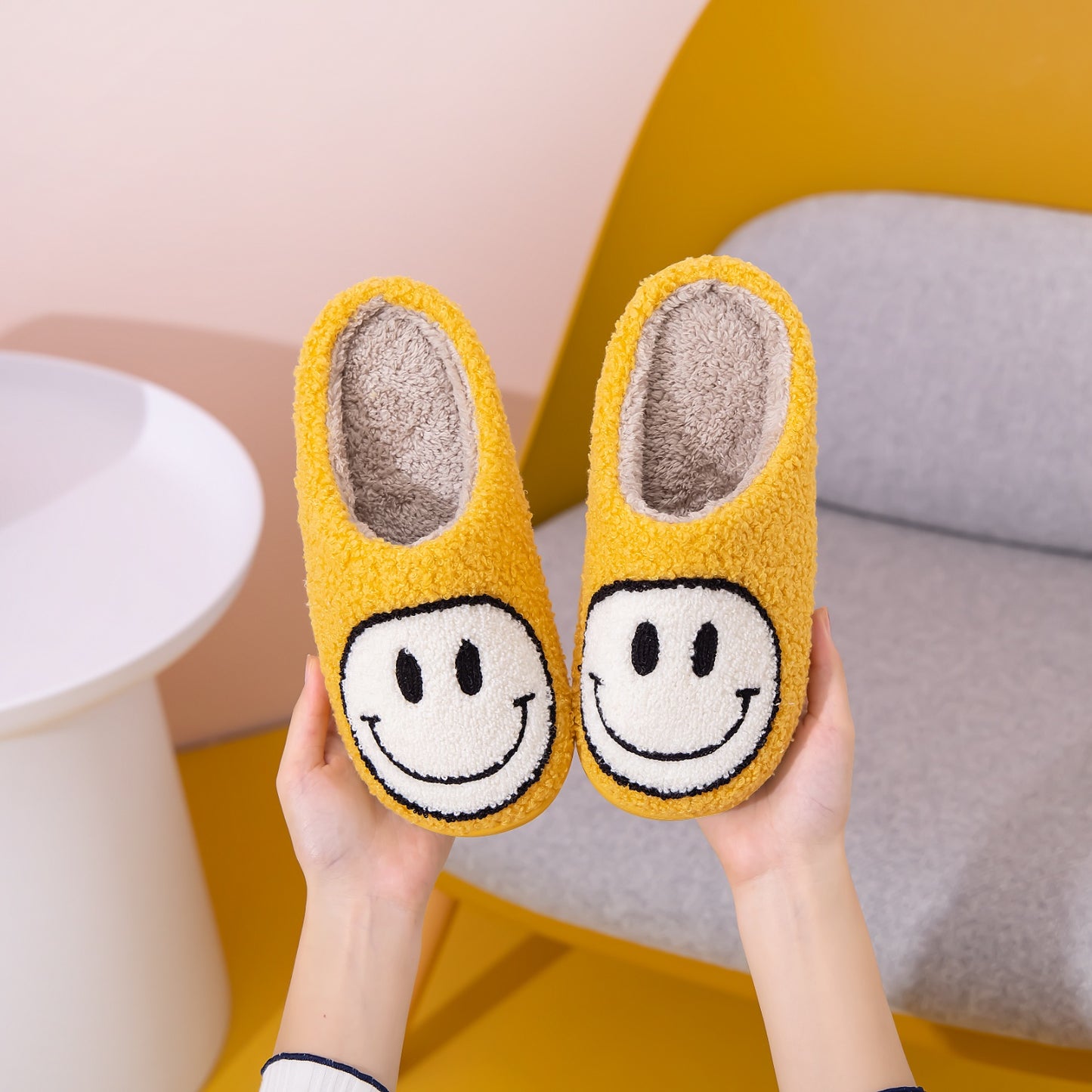 Yellow & White Smiley Face Slippers