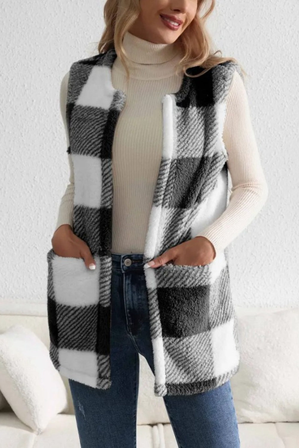 Sherpa Plaid Vest Coat