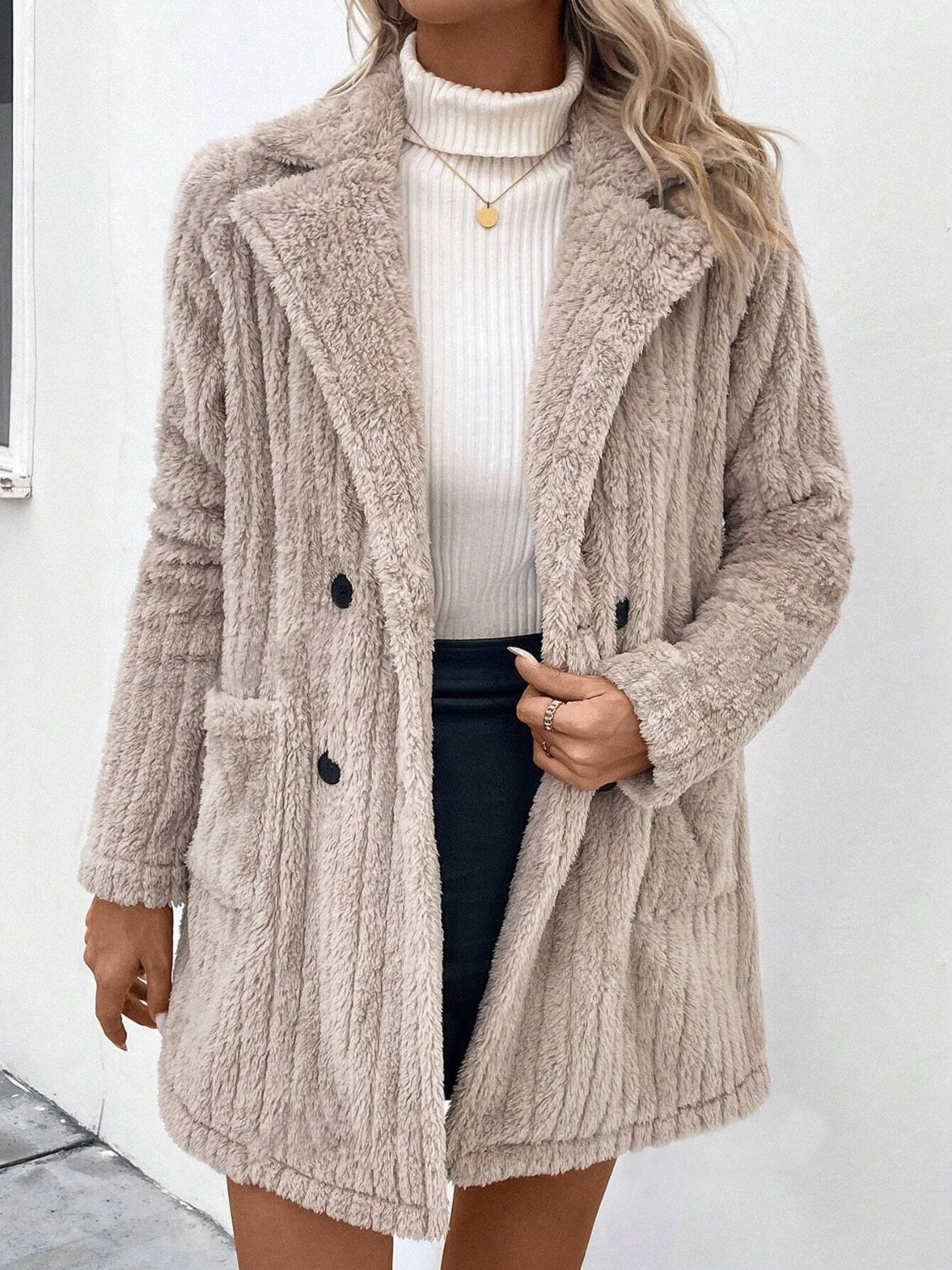 Beige Fuzzy Long Sleeve Coat