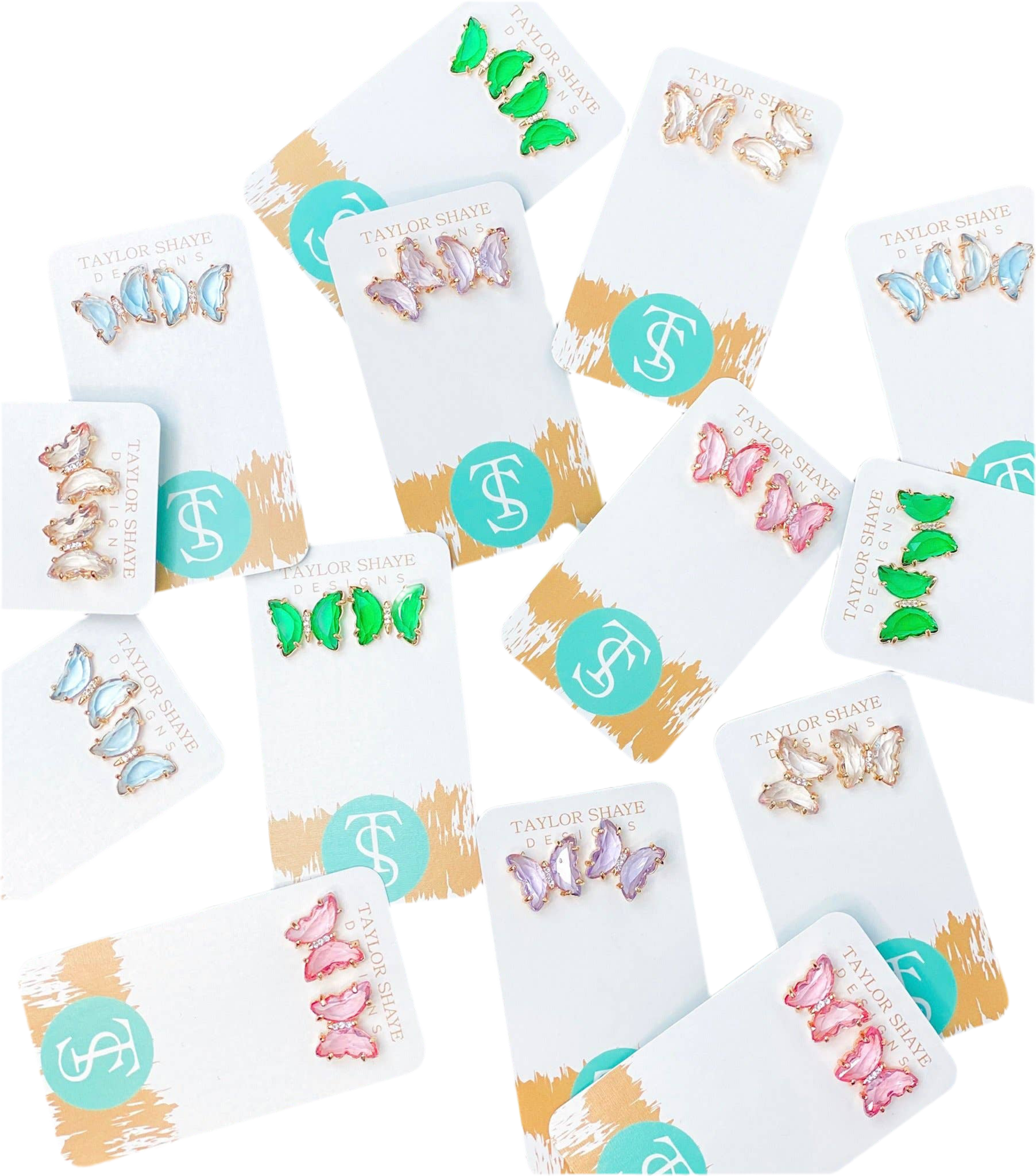 Collection of butterfly-themed earrings on branded cards.