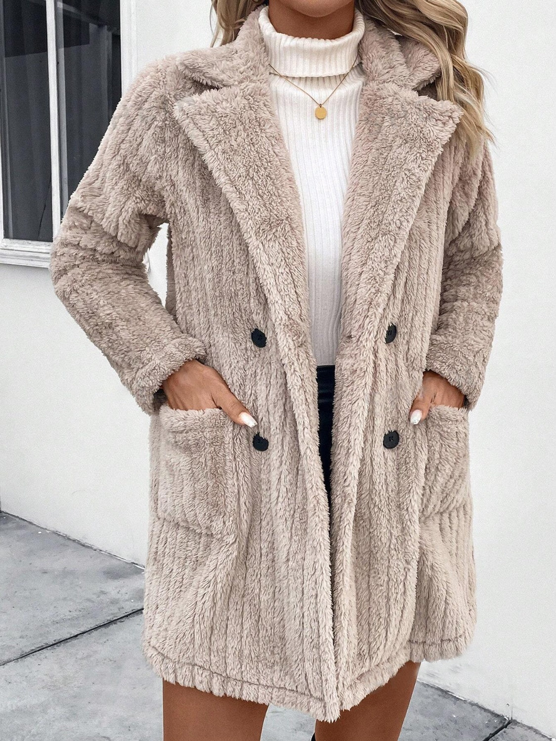 Beige Fuzzy Long Sleeve Coat