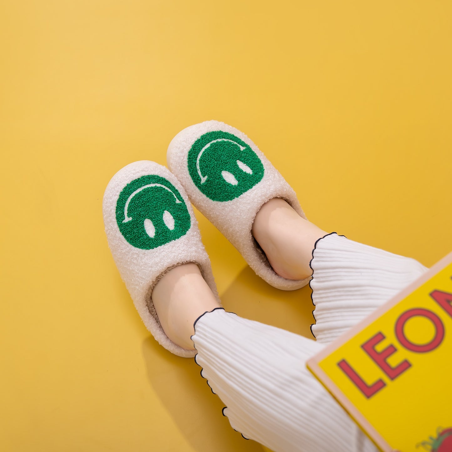 White & Green Smiley Face Slippers