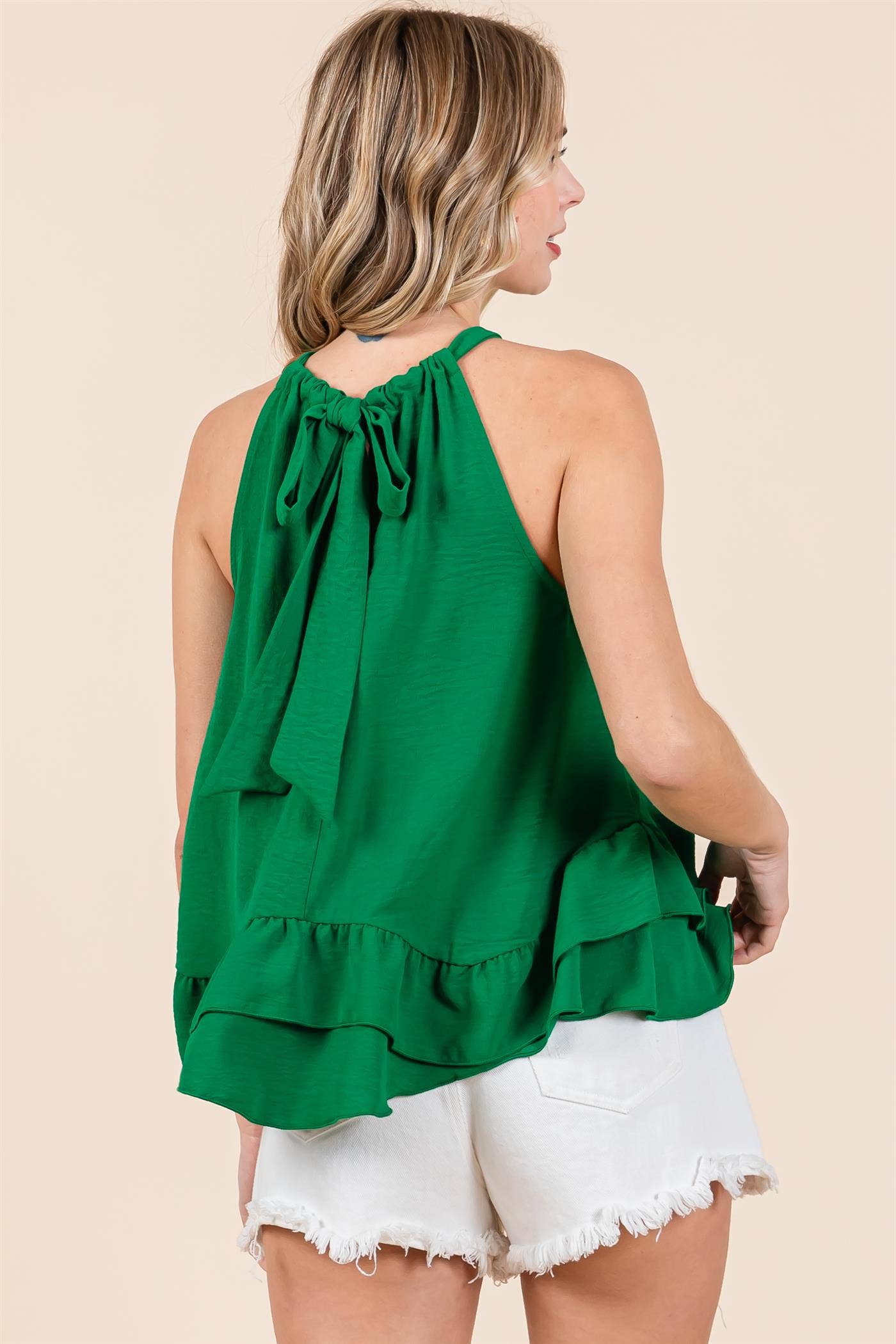 Green Ruffle Trim Halter Top