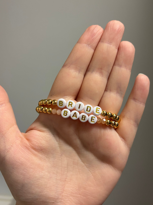 5mm gold beaded bracelets with "Bride" and "Babe"