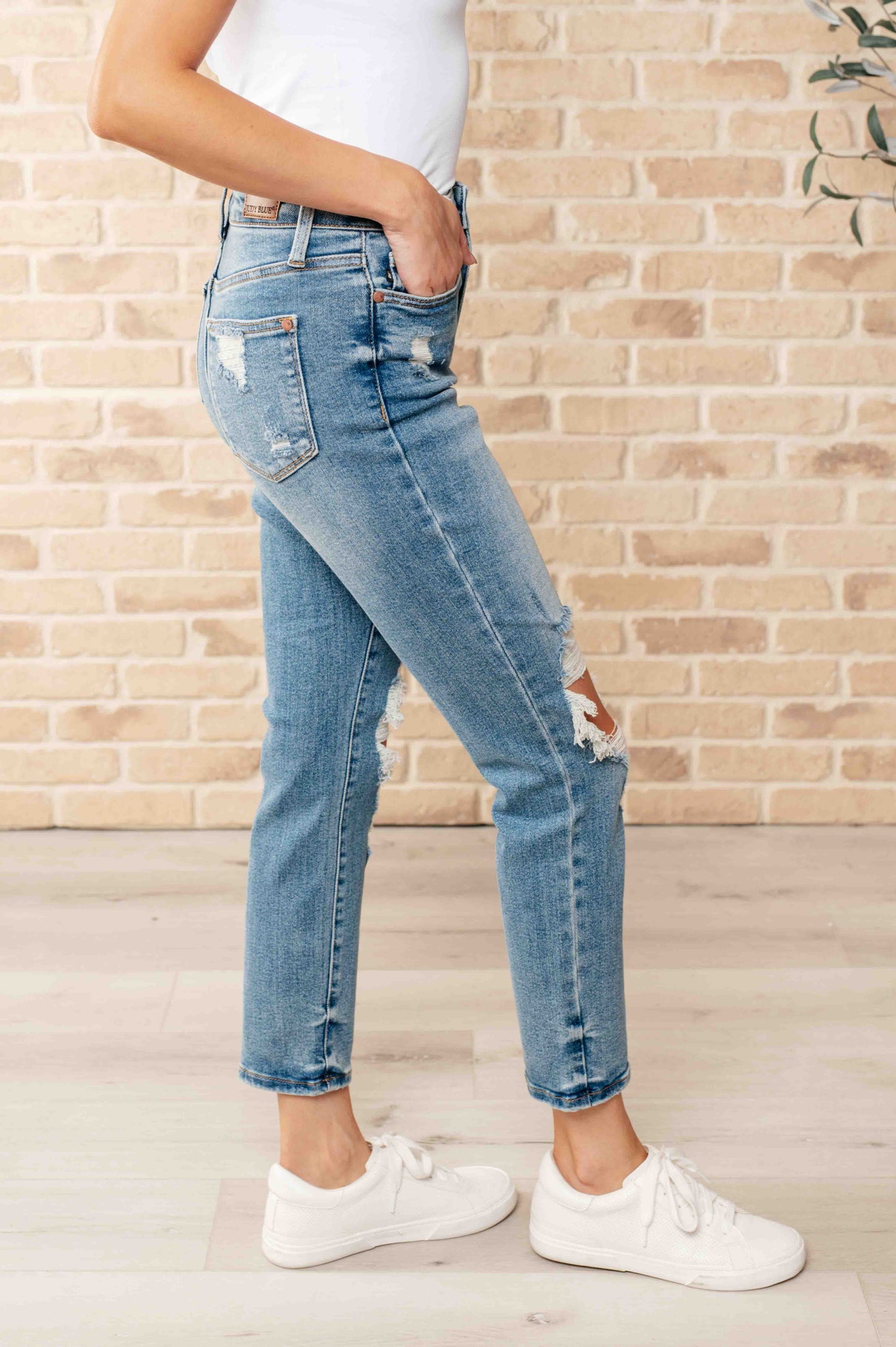 High Rise Distressed Boyfriend Jeans in Medium Wash