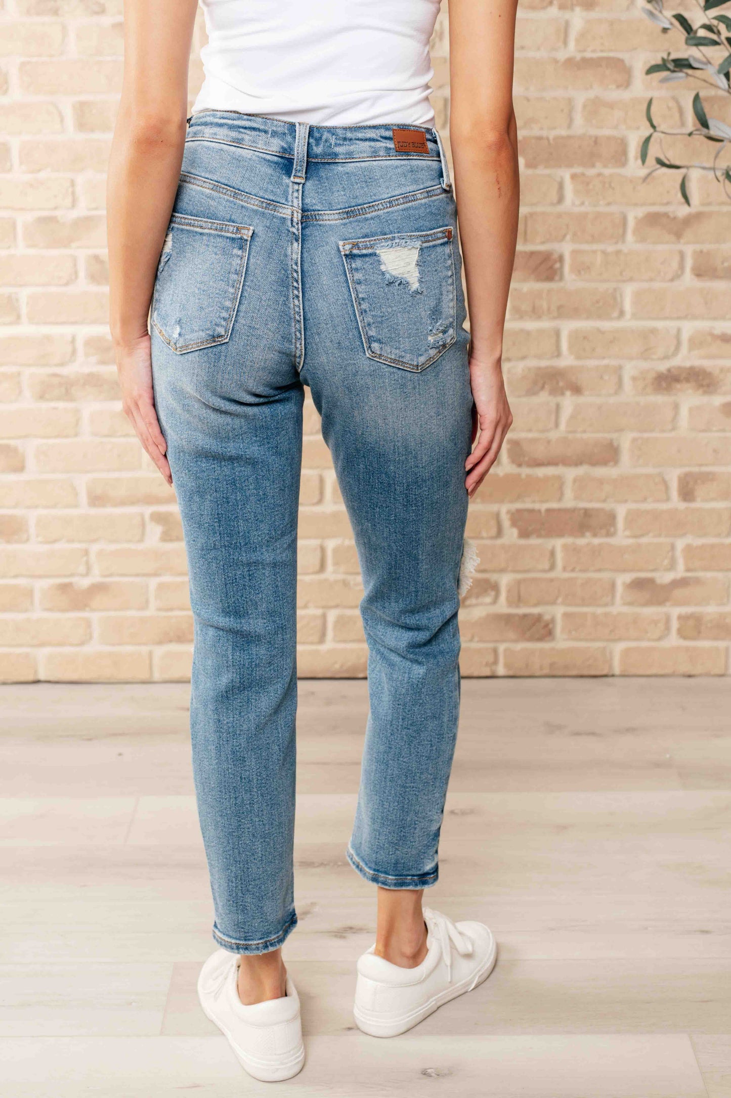 High Rise Distressed Boyfriend Jeans in Medium Wash