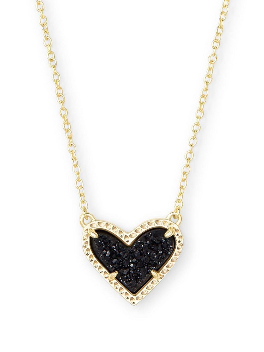 Necklace with a black glittery heart-shaped pendant on a white background