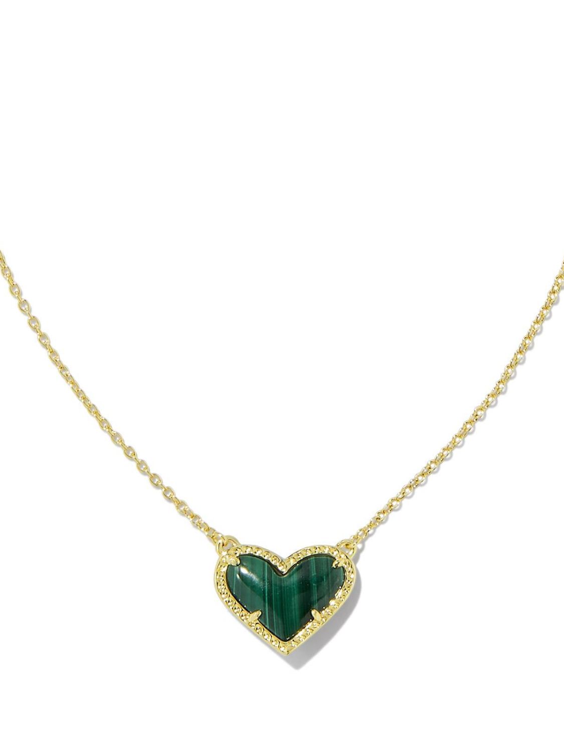 Gold necklace with a dark green heart-shaped pendant on a white background