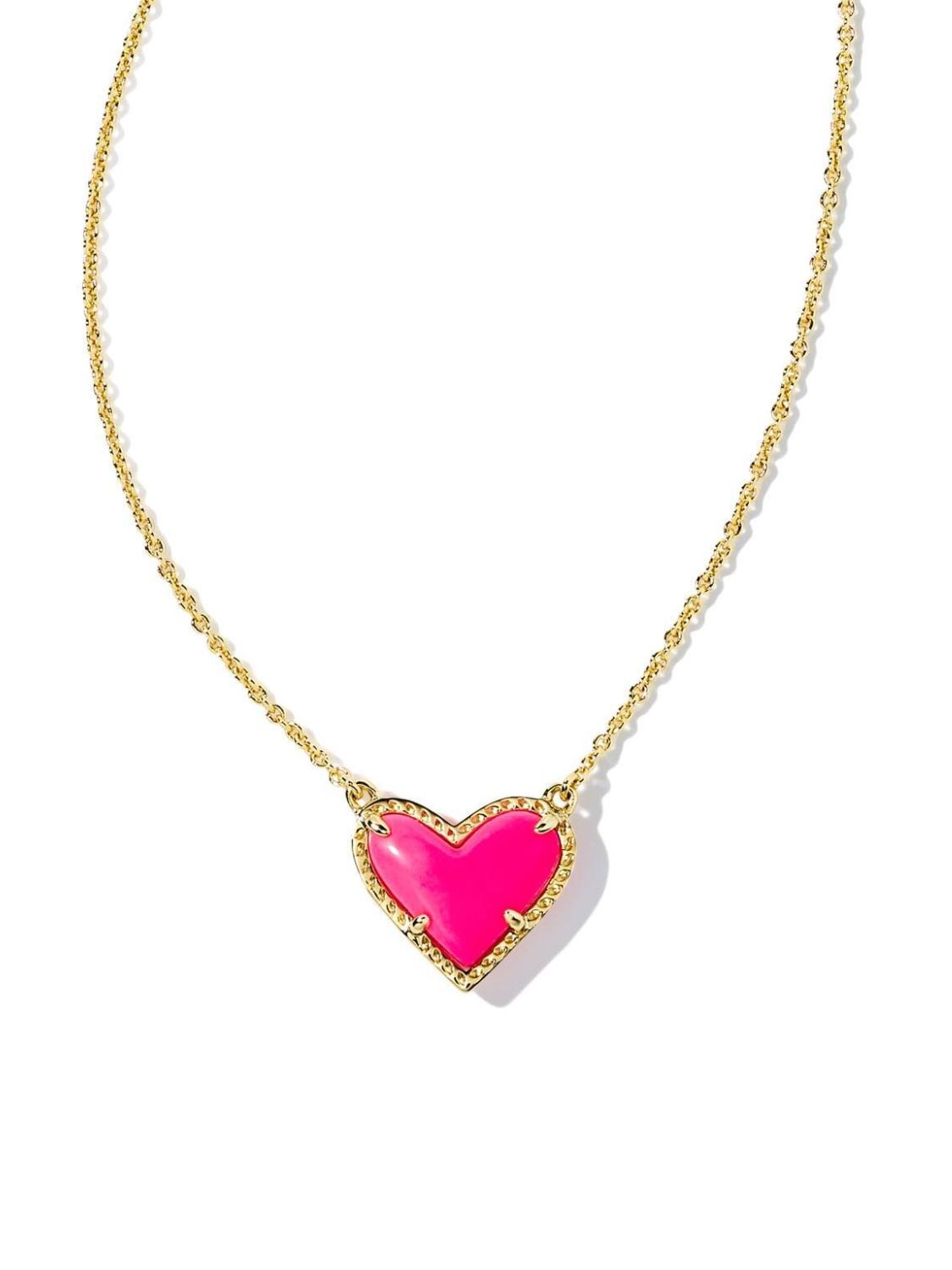 Neon hot pink heart-shaped pendant on a gold chain against a white background