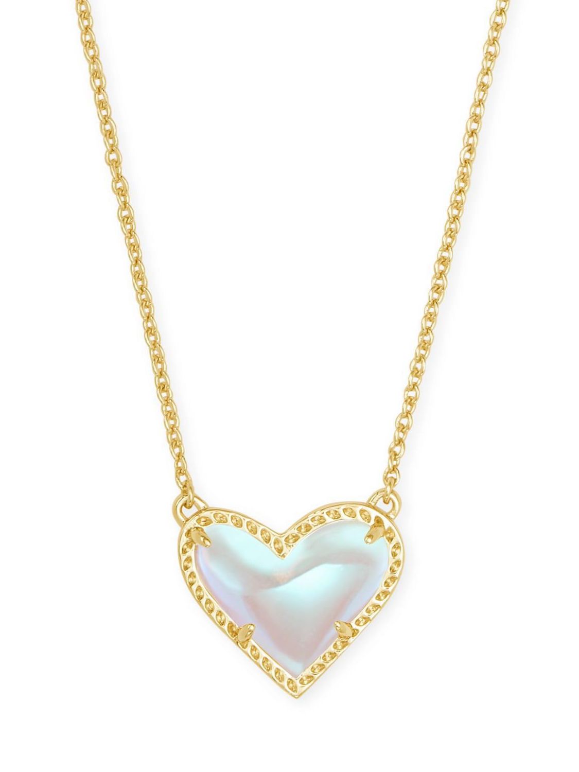 Ivory heart-shaped pendant necklace with gold chain on a white background