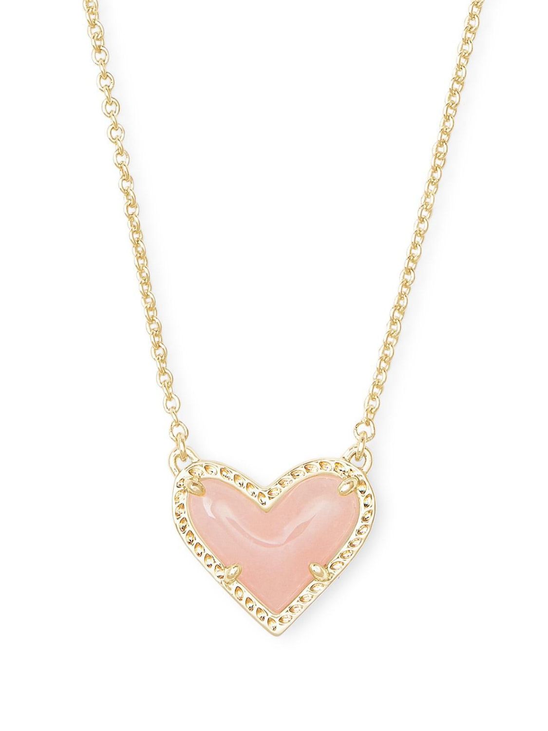 Necklace with a light, soft pink heart pendant on a gold chain against a white background