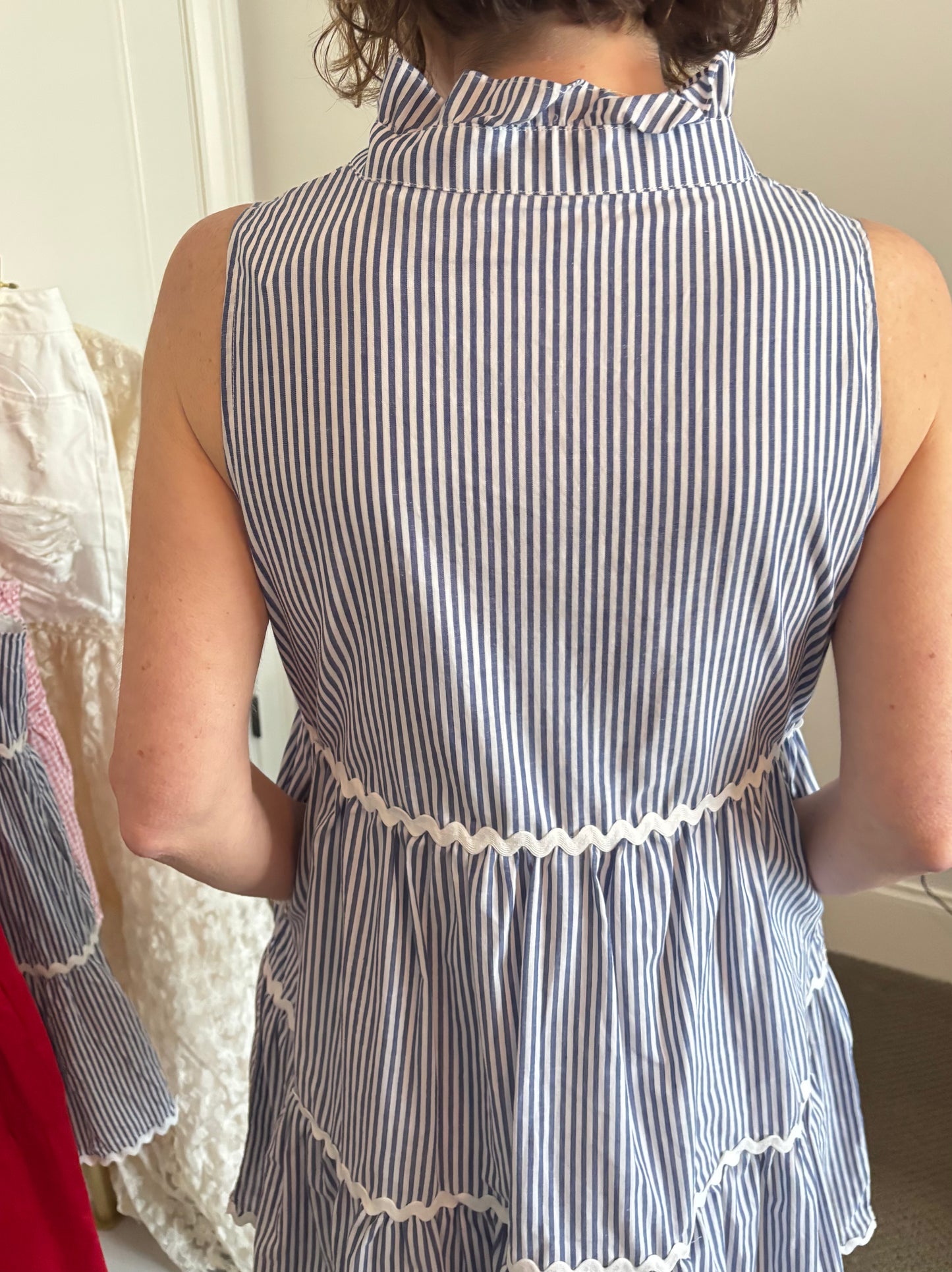 Blue Striped Trim Sleeveless Dress