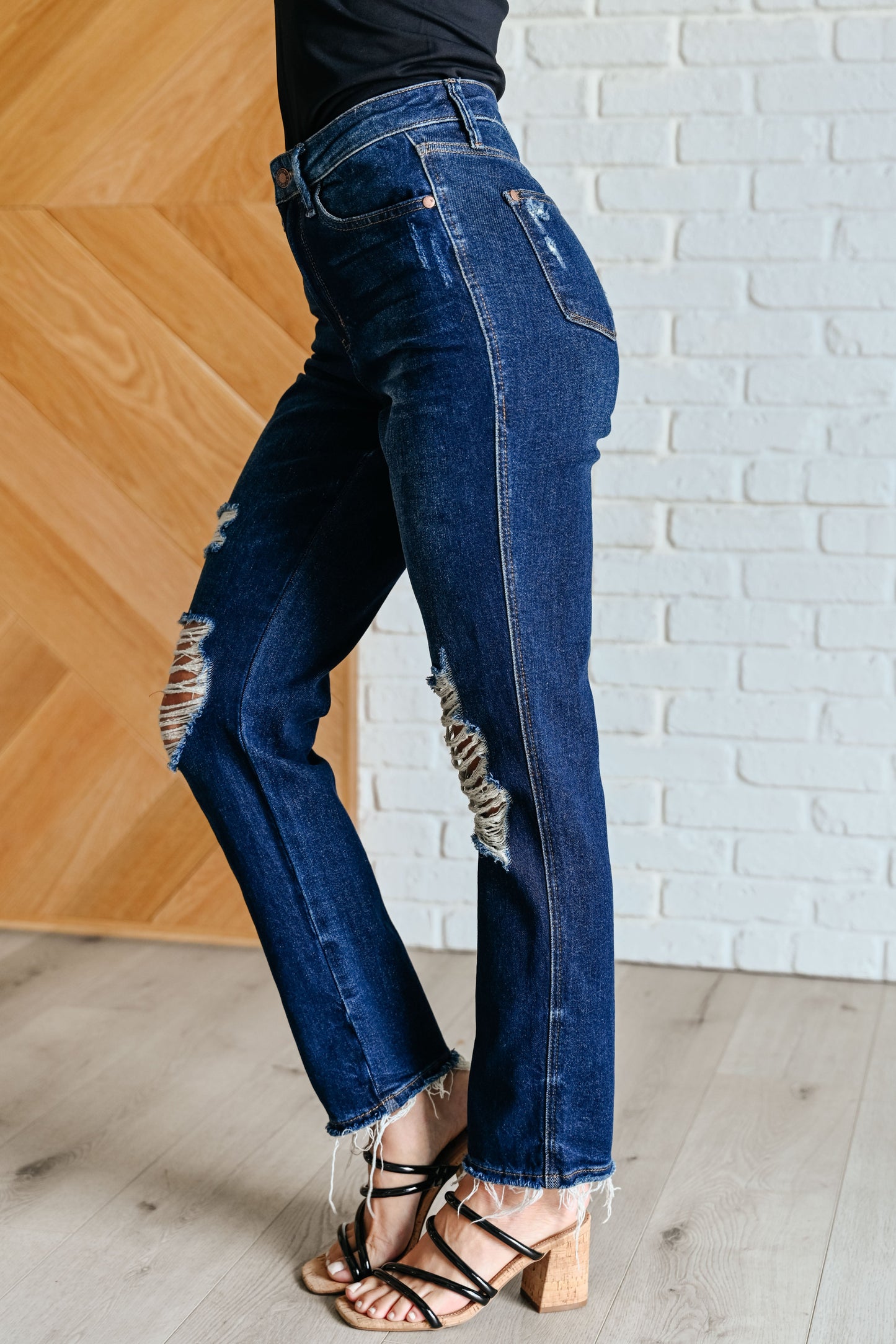 High Rise Distressed Straight Jeans