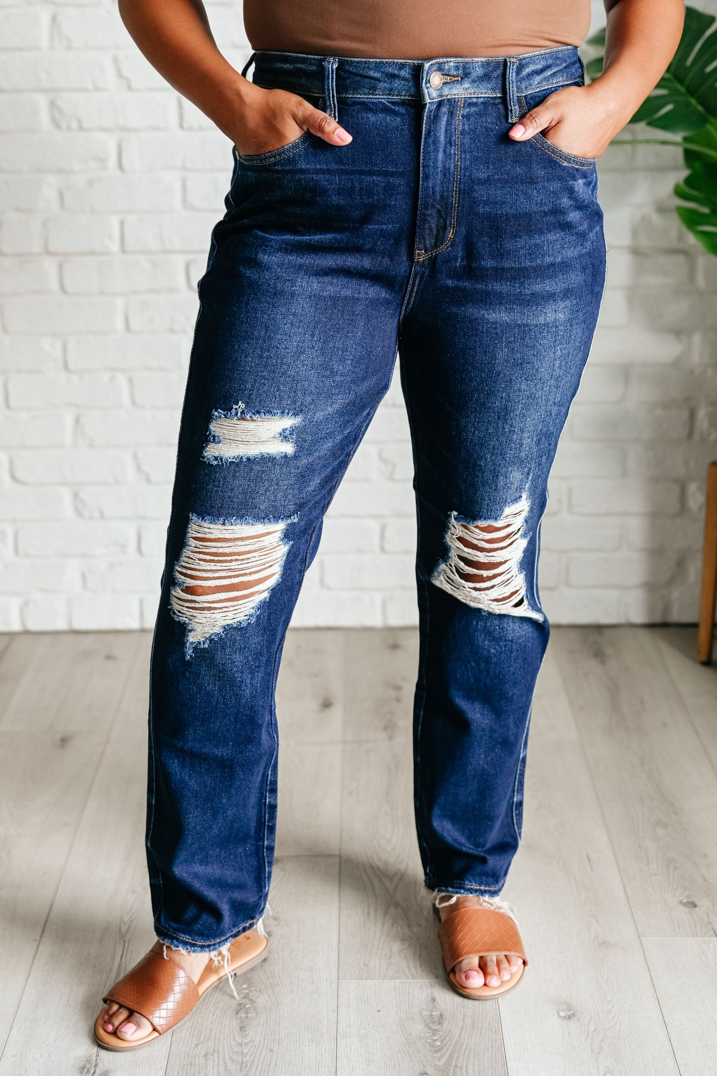 High Rise Distressed Straight Jeans