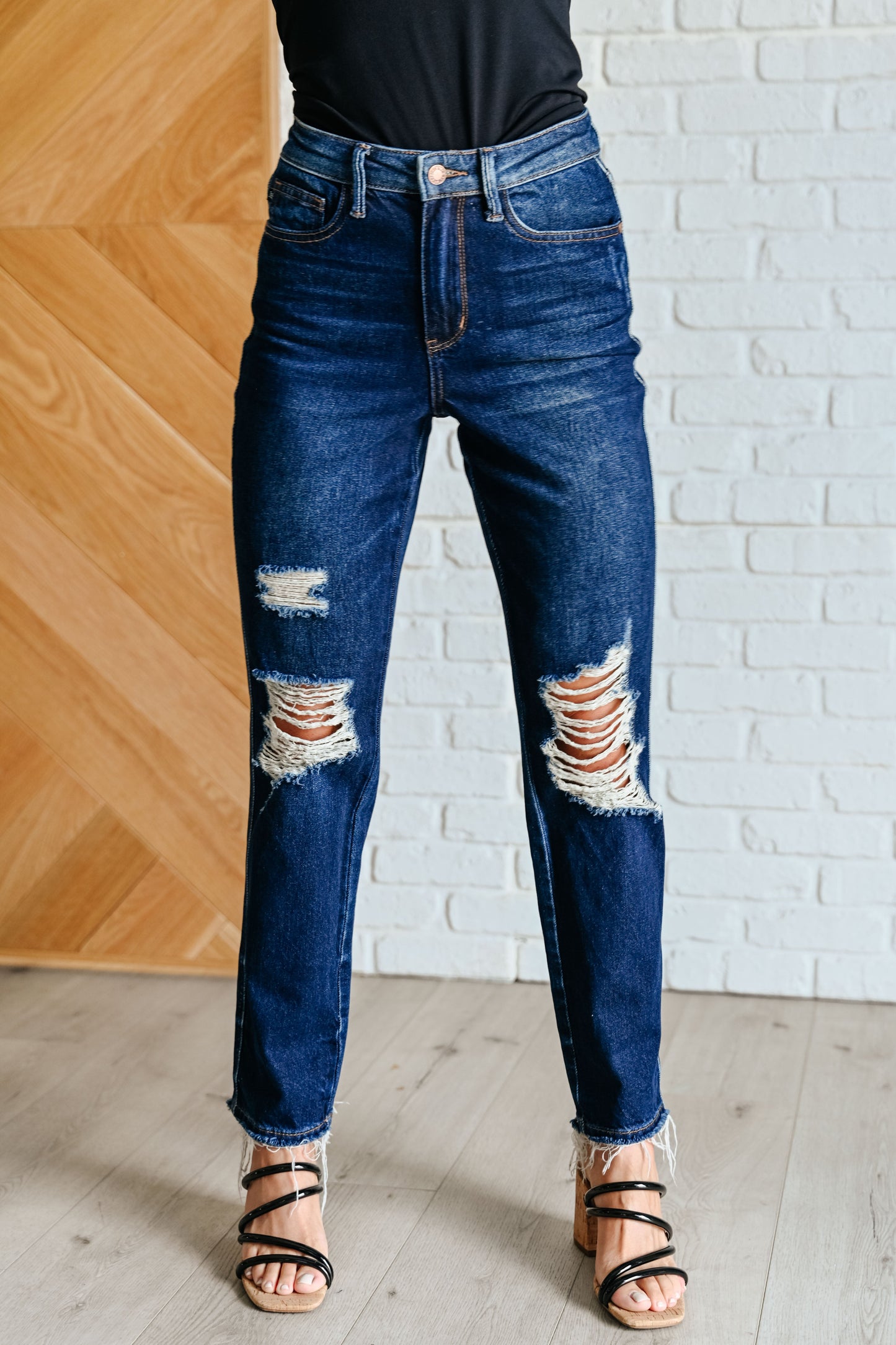 High Rise Distressed Straight Jeans