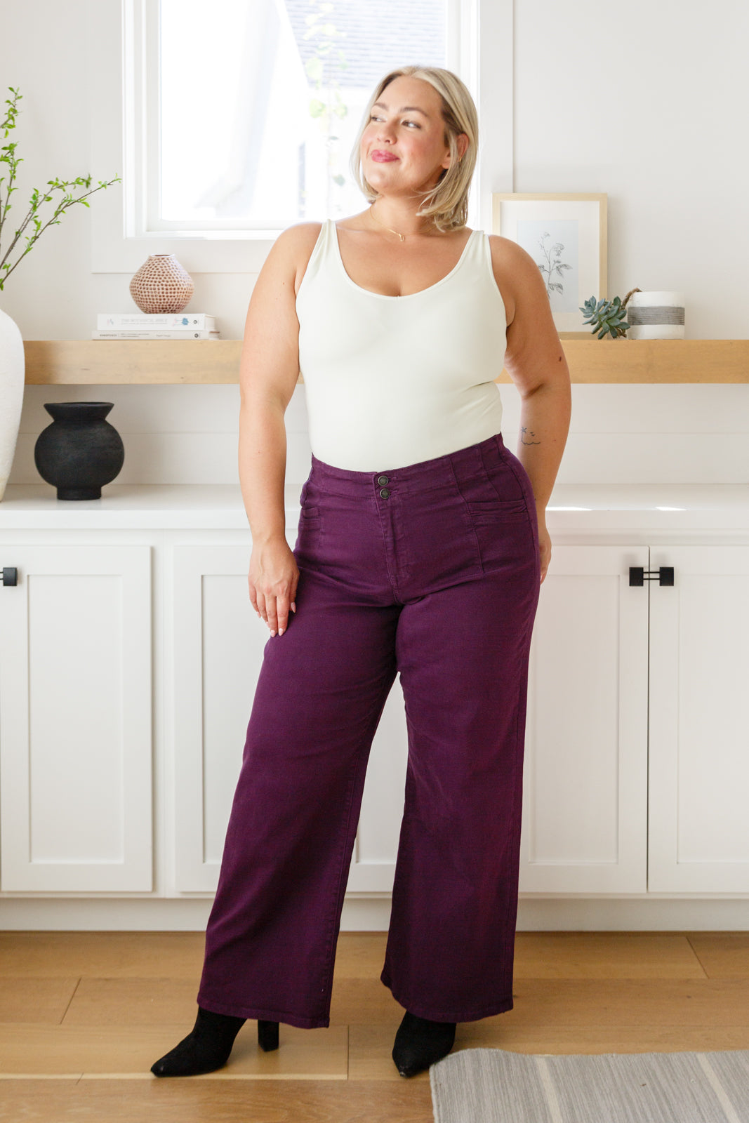 High Rise Wide Leg Jeans in Plum