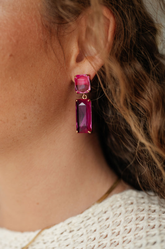 Rectangle Crystal Earrings in Pink