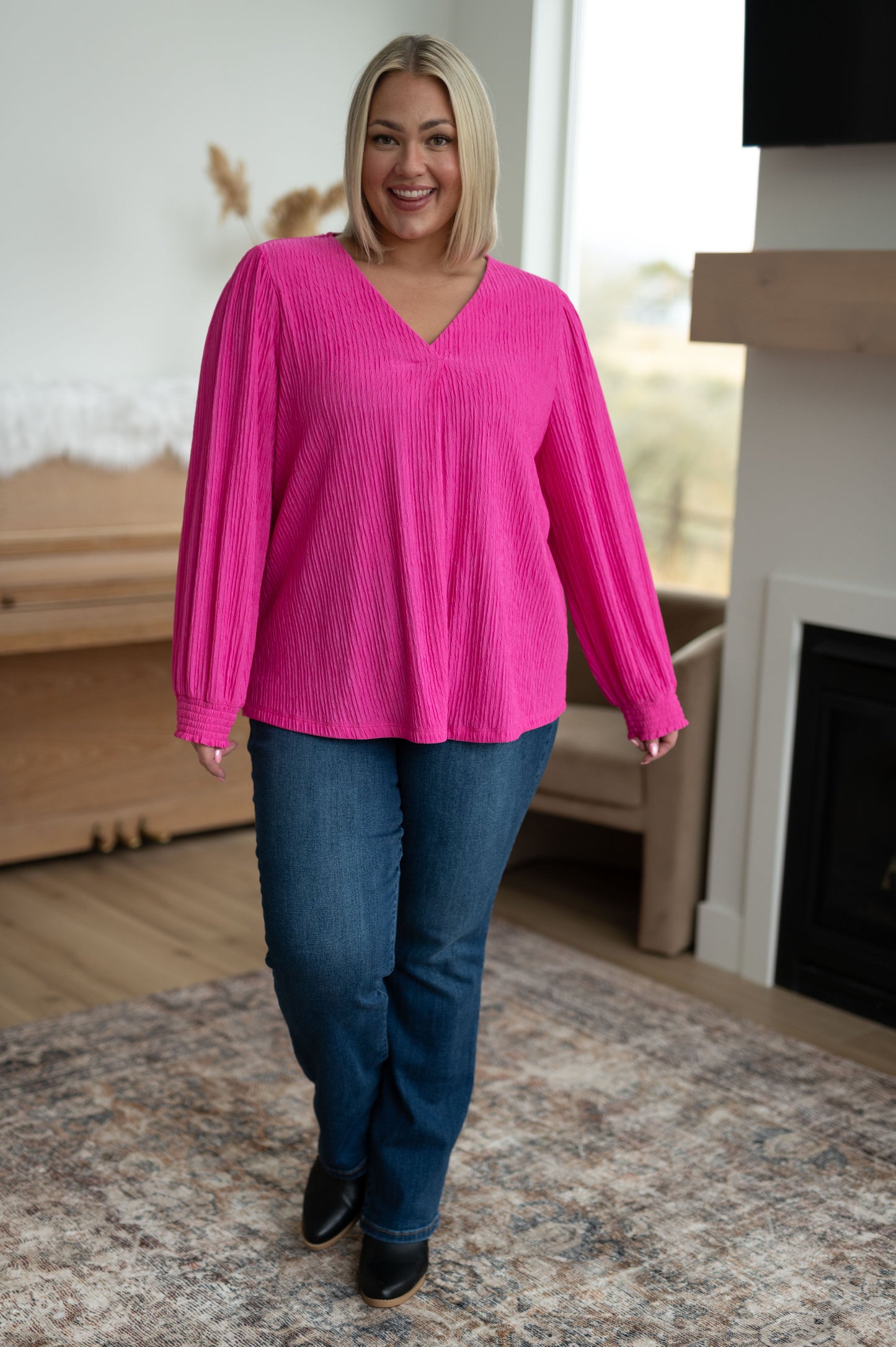 Hot Pink V-Neck Blouse