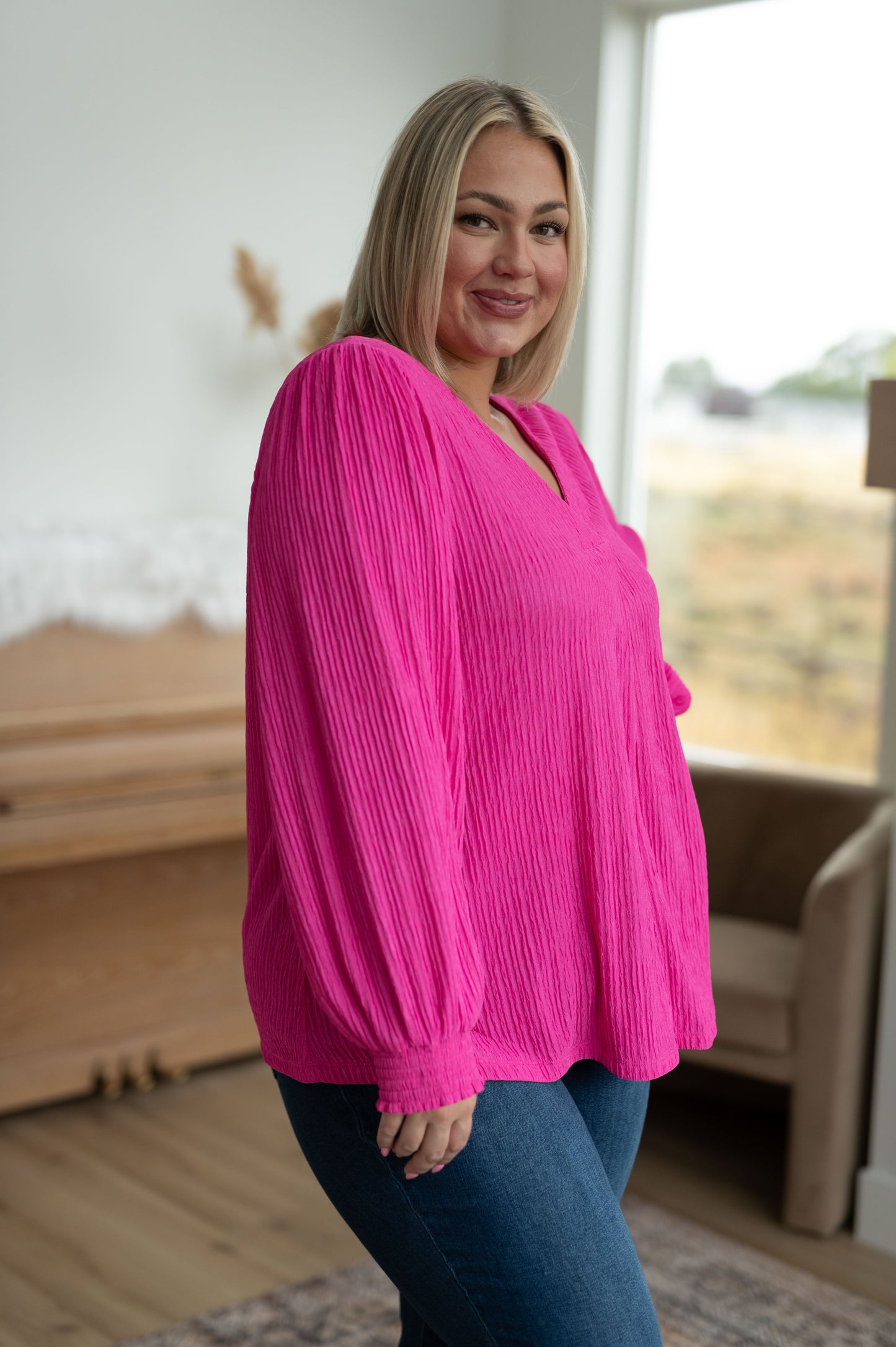 Hot Pink V-Neck Blouse