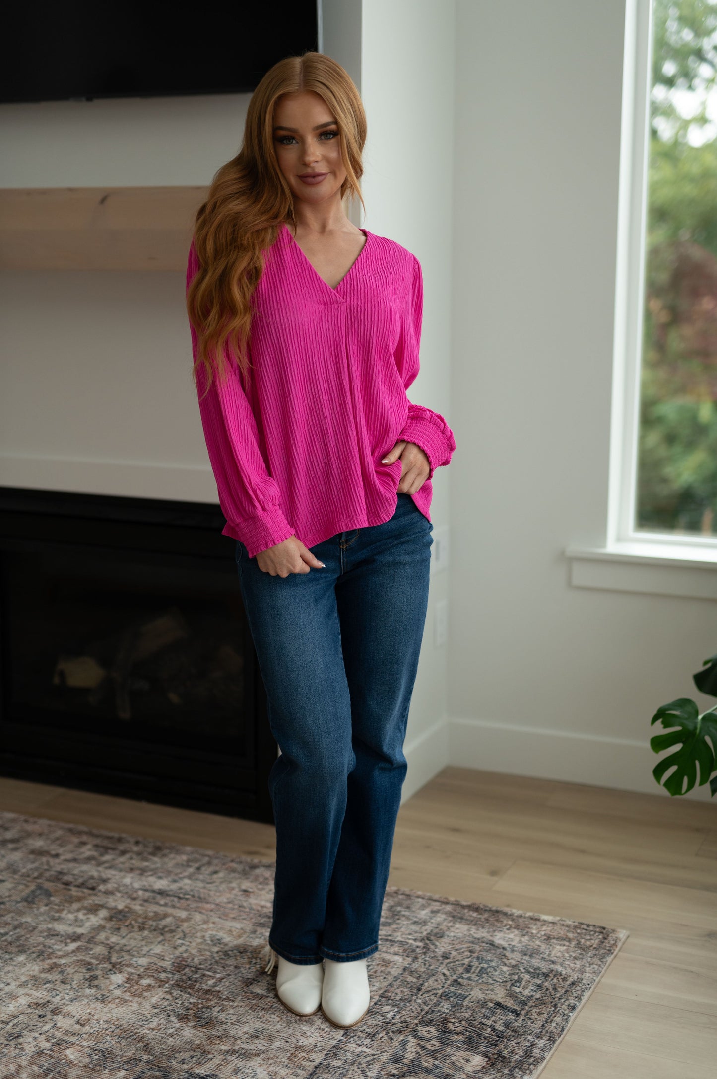 Hot Pink V-Neck Blouse