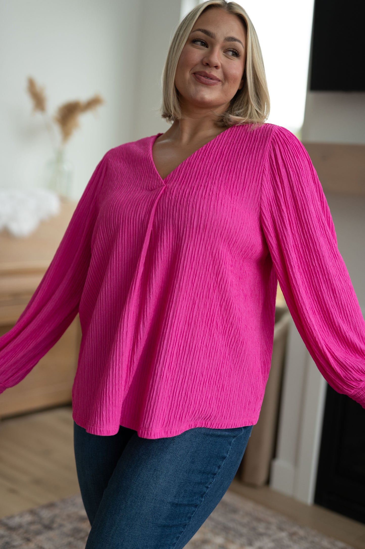 Hot Pink V-Neck Blouse