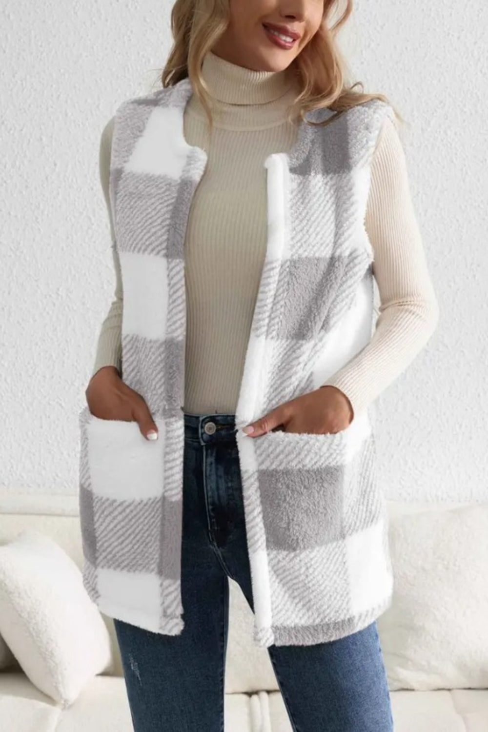 Sherpa Plaid Vest Coat