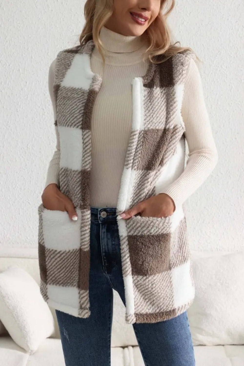 Sherpa Plaid Vest Coat