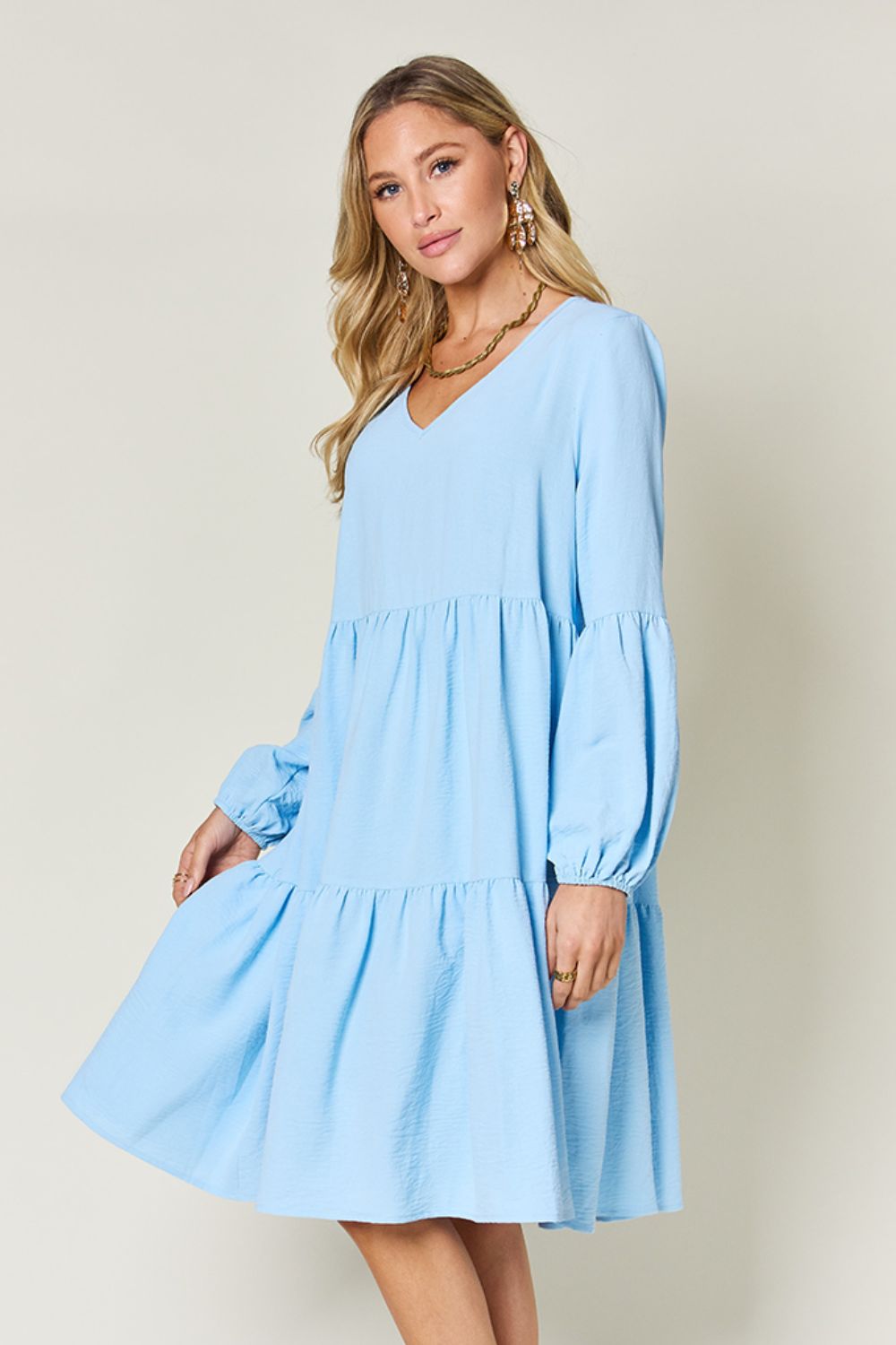 V-Neck Balloon Sleeve Dress