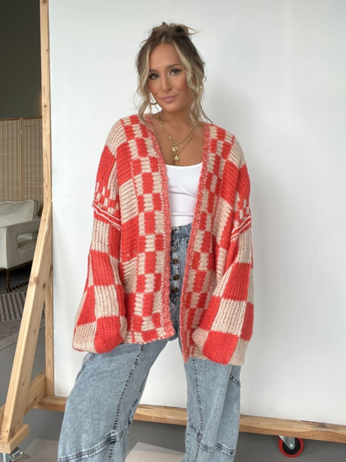 Oversized Checkered Cardigan