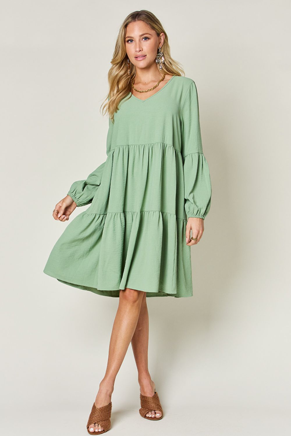 V-Neck Balloon Sleeve Dress