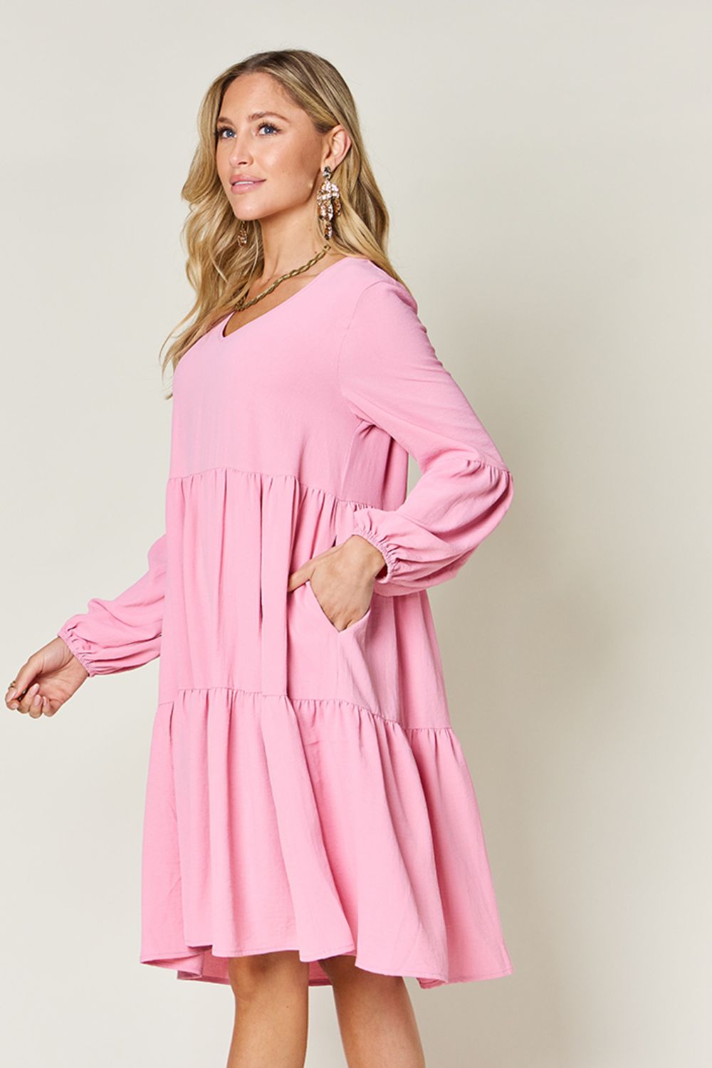 V-Neck Balloon Sleeve Dress