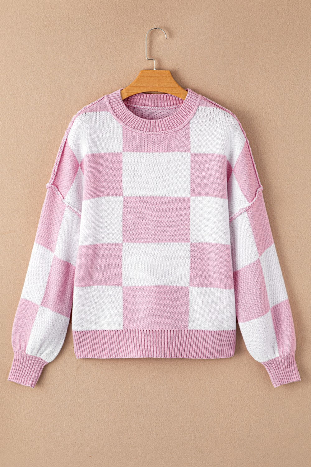 Exposed Seam Checkered Sweater