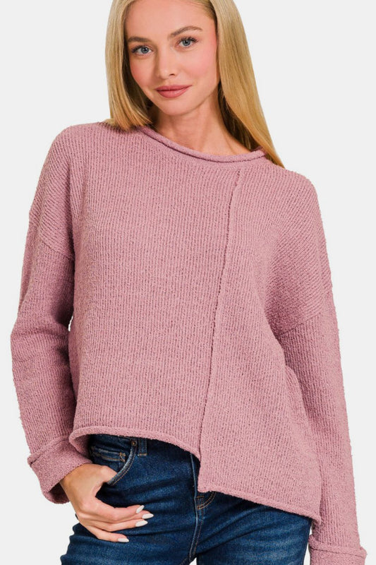 Asymmetric Hem Sweater in Pink